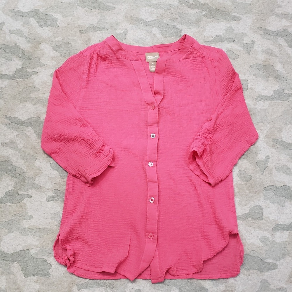 Chico's Top Womens 0 Pink Button Up 3/4 Sleeve